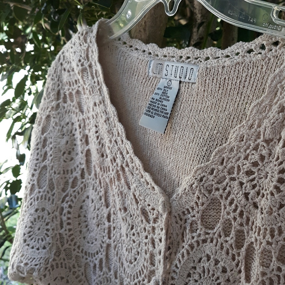 WHEAT COLORED CROCHET CROP JACKET, L